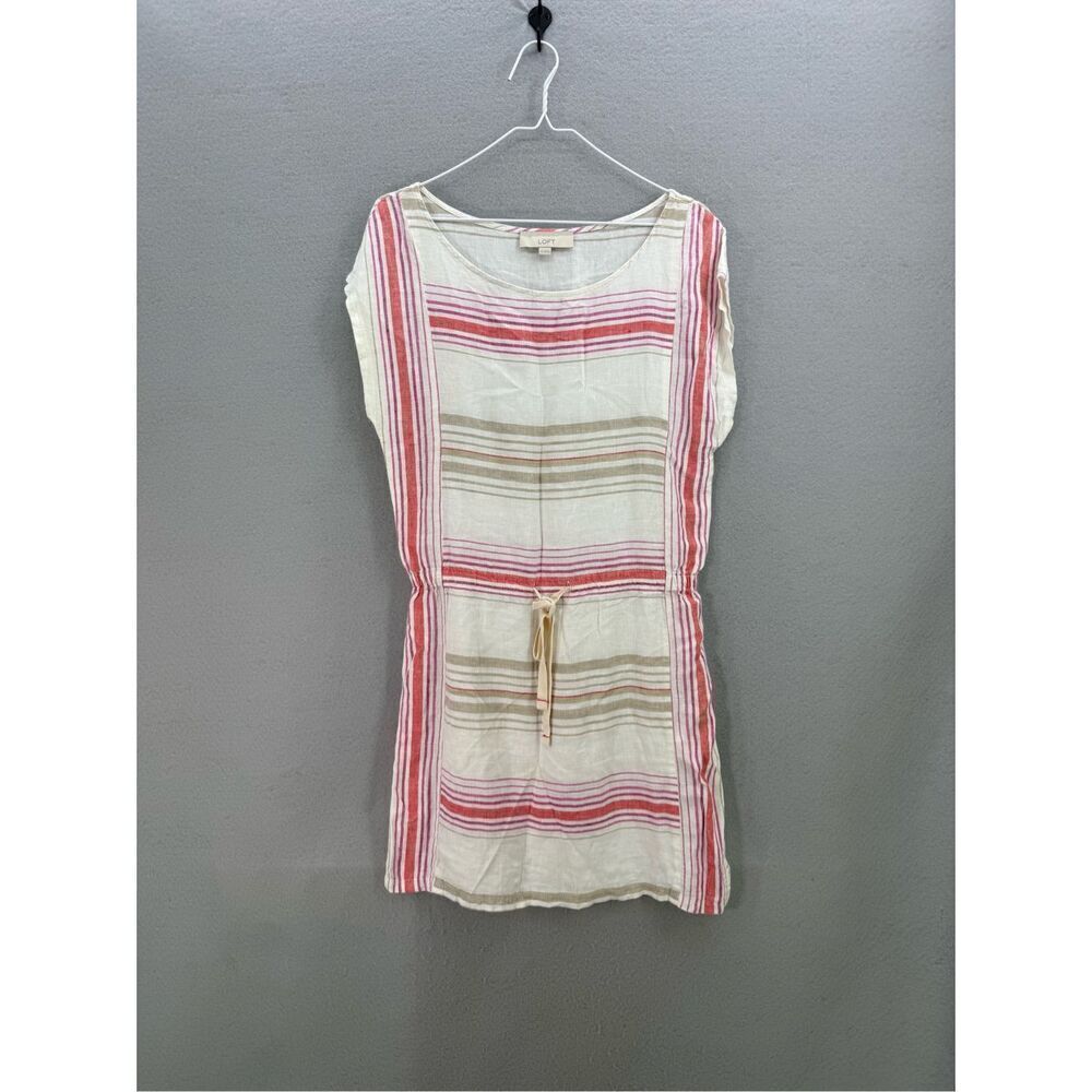 Ann Taylor Loft Womens Cream Red Striped Linen Blend Blouson Mini Dress Size XS